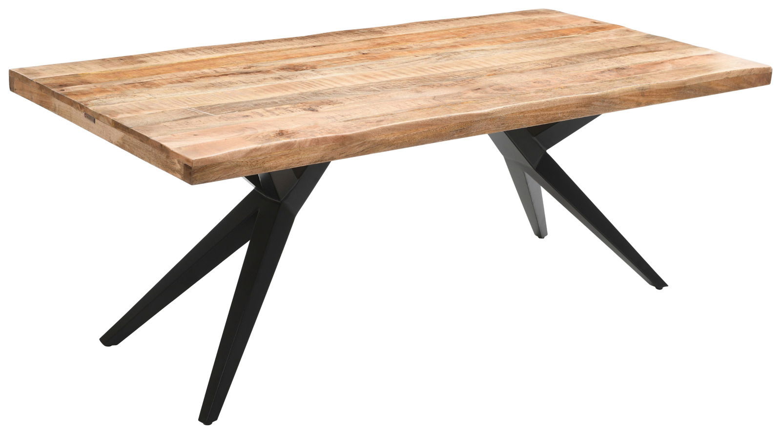 Moderner Esstisch aus Holz mit schwarzem Metallgestell, seitliche Perspektive
