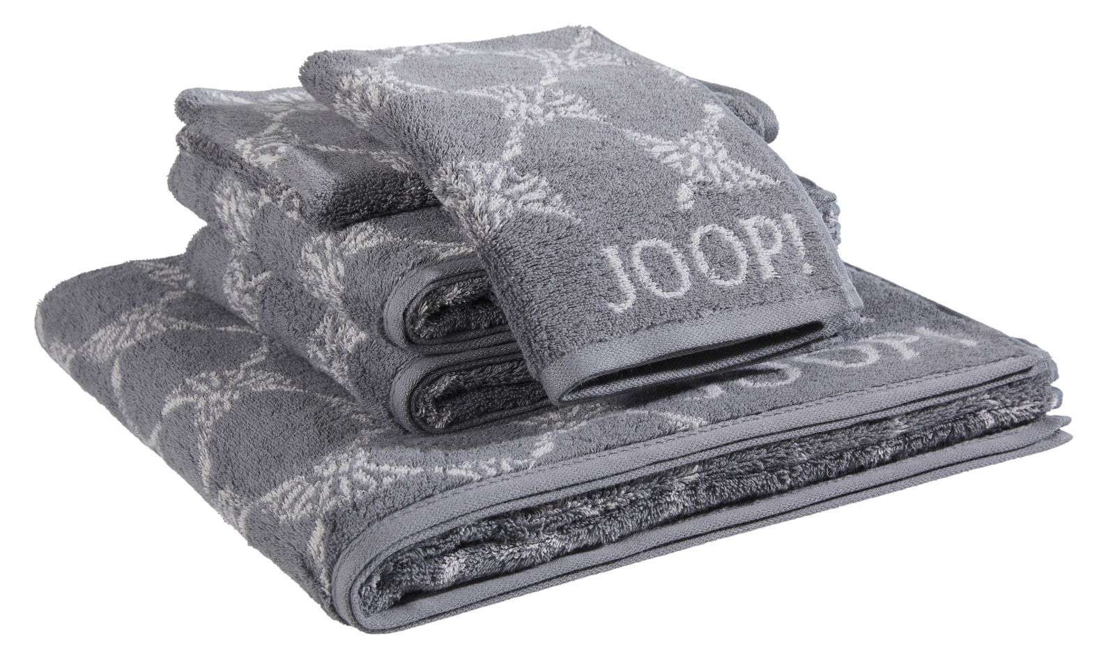 Graues Frottierset 5-teilig mit eingewebtem Muster und dem Schriftzug 'JOOP!' in seitlicher Perspektive.