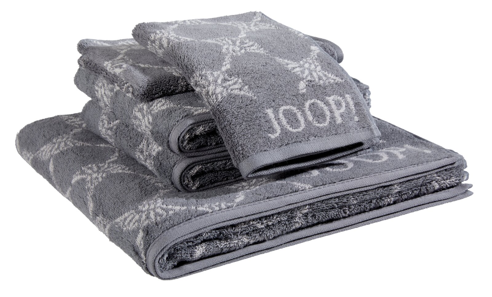 JOOP! Frottierset 5-teilig CORNFLOWER Graues Frottierset 5-teilig mit eingewebtem Muster und dem Schriftzug 'JOOP!' in seitlicher Perspektive.