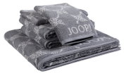Graues Frottierset 5-teilig mit eingewebtem Muster und dem Schriftzug 'JOOP!' in seitlicher Perspektive.