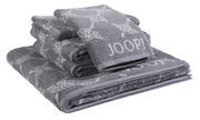 Graues Frottierset 5-teilig mit eingewebtem Muster und dem Schriftzug 'JOOP!' in seitlicher Perspektive.