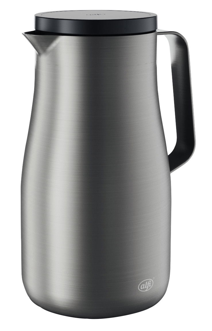 Silberne Isolierkanne mit schwarzem Deckel und Griff, seitliche Perspektive