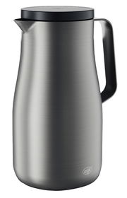 Silberne Isolierkanne mit schwarzem Deckel und Griff, seitliche Perspektive
