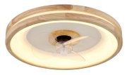 Plafondventilator Globo Lighting GATIAN met houten frame en ingebouwde verlichting, gezien van onderaf.