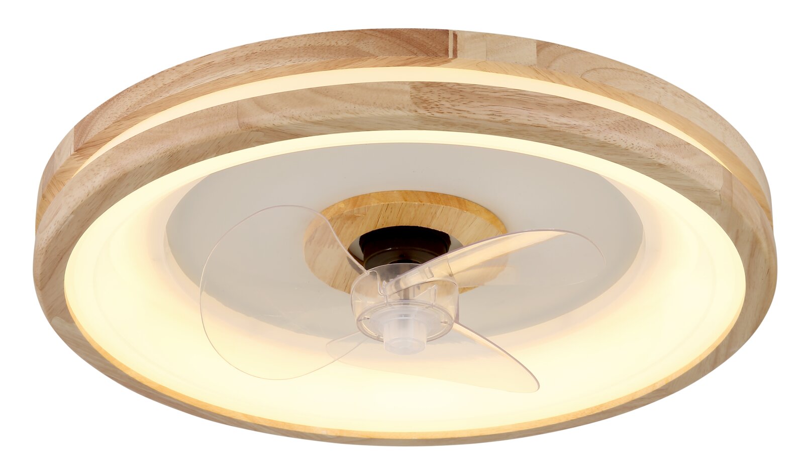 Plafondventilator Globo Lighting GATIAN met houten frame en ingebouwde verlichting, gezien van onderaf.