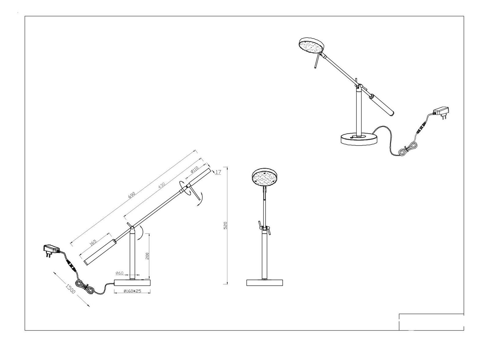 Technische Zeichnung einer LED-Schreibtischleuchte mit verstellbarem Arm und rundem Lampenkopf, seitliche und frontale Perspektive