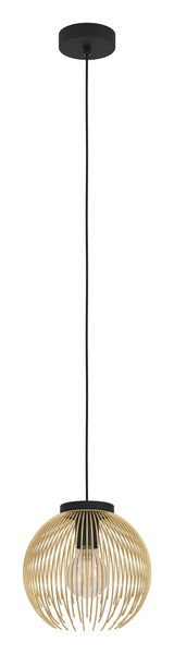 Moderne Pendelleuchte Venezuela mit goldfarbenem, kugelförmigem Drahtgestell und sichtbarer Glühbirne, seitliche Perspektive.