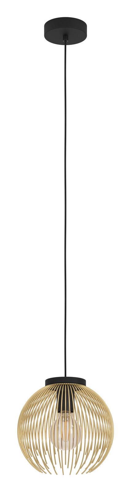 Eglo Leuchten Pendelleuchte VENEZUELA Moderne Pendelleuchte Venezuela mit goldfarbenem, kugelförmigem Drahtgestell und sichtbarer Glühbirne, seitliche Perspektive.