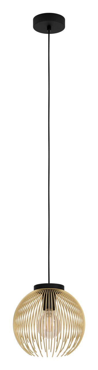 Moderne Pendelleuchte Venezuela mit goldfarbenem, kugelförmigem Drahtgestell und sichtbarer Glühbirne, seitliche Perspektive.