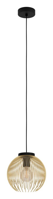 Moderne Pendelleuchte Venezuela mit goldfarbenem, kugelförmigem Drahtgestell und sichtbarer Glühbirne, seitliche Perspektive.