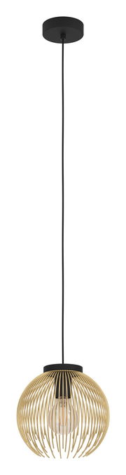 Moderne Pendelleuchte Venezuela mit goldfarbenem, kugelförmigem Drahtgestell und sichtbarer Glühbirne, seitliche Perspektive.