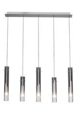 Moderne LED-Hängeleuchte mit fünf zylindrischen Lampenschirmen aus Metall, frontal betrachtet.