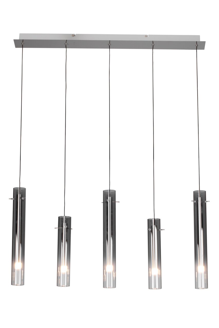 Moderne LED-hanglamp met vijf cilindervormige metalen lampenkappen, gezien vanaf de voorkant.