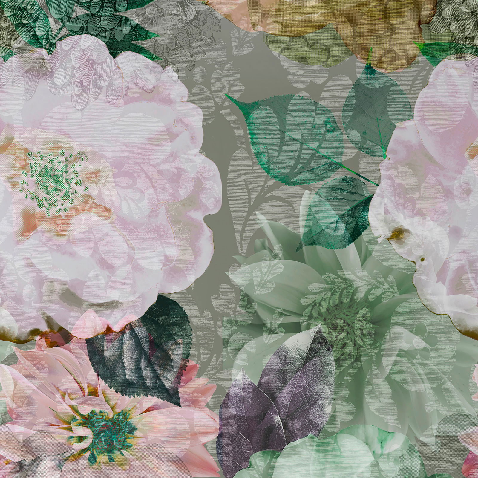 Blumige Wendebettwäsche mit großflächigem Blumenmuster in Pastelltönen, Draufsicht