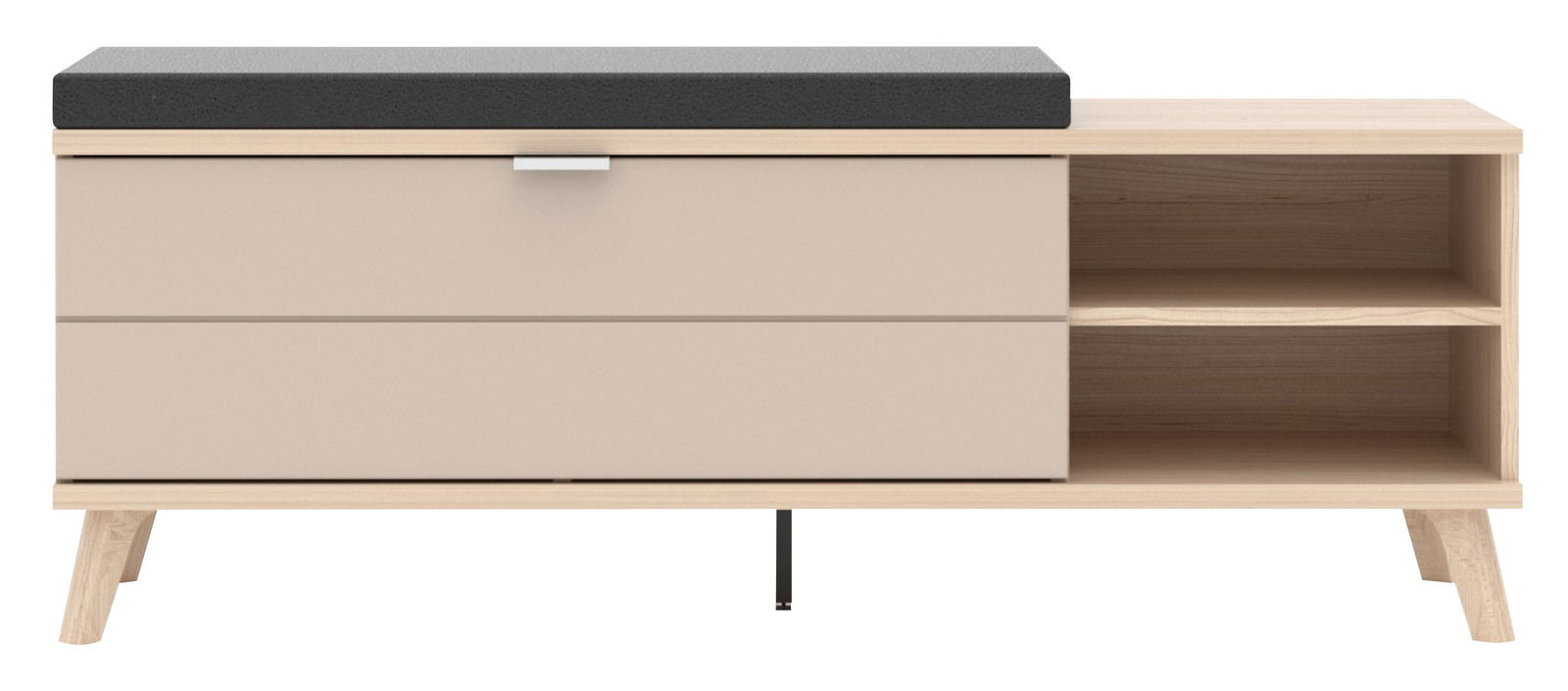 Garderobenbank mit beigem Korpus, schwarzem Sitzpolster und offenen Regalfächern, Frontalansicht