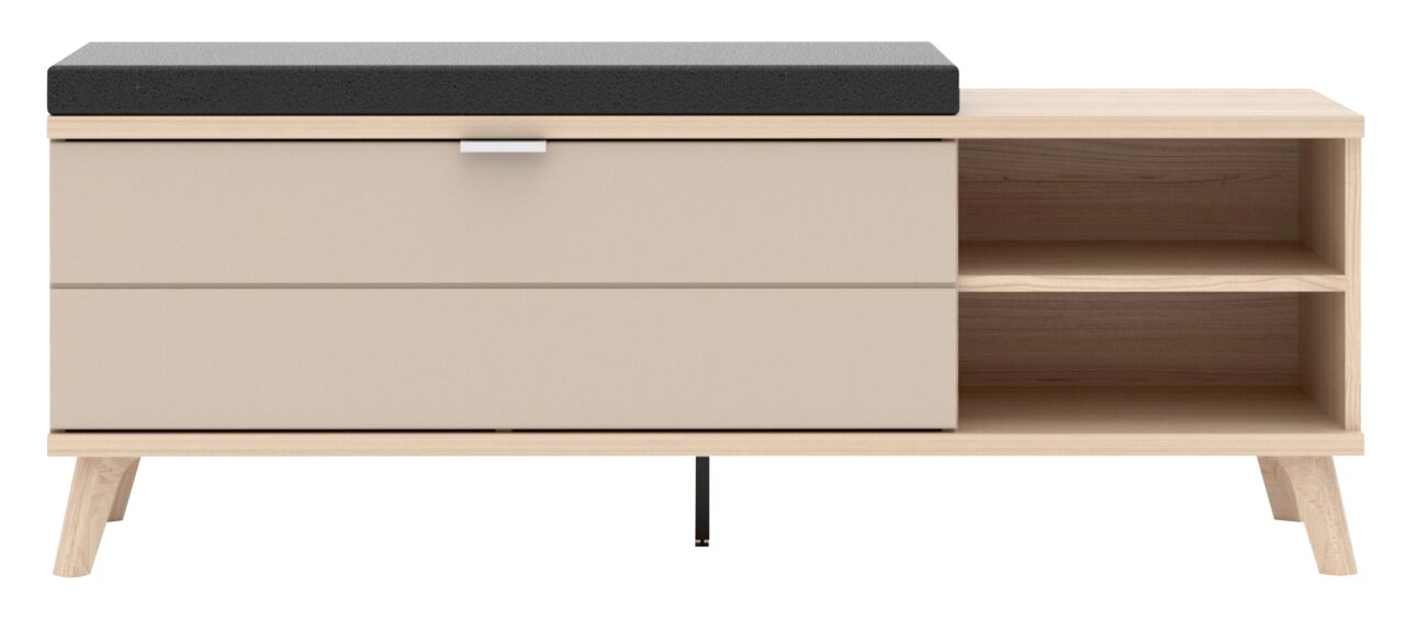 Garderobebank met beige frame, zwarte zitkussens en open vakken, vooraanzicht