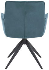 Rückansicht eines modernen Design-Schalensessels mit blauem Bezug und schwarzem Metallgestell.