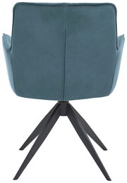 Rückansicht eines modernen Design-Schalensessels mit blauem Bezug und schwarzem Metallgestell.