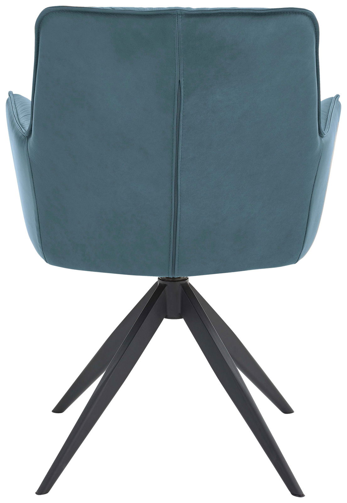 Rückansicht eines modernen Design-Schalensessels mit blauem Bezug und schwarzem Metallgestell.