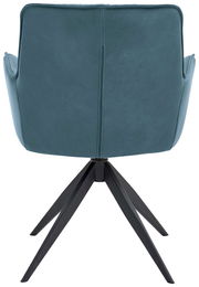 Rückansicht eines modernen Design-Schalensessels mit blauem Bezug und schwarzem Metallgestell.