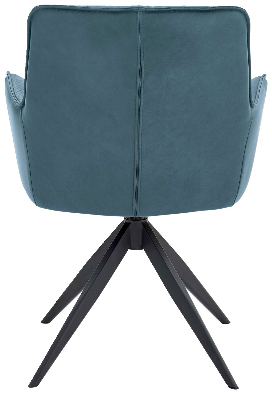 Rückansicht eines modernen Design-Schalensessels mit blauem Bezug und schwarzem Metallgestell.