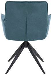 Rückansicht eines modernen Design-Schalensessels mit blauem Bezug und schwarzem Metallgestell.