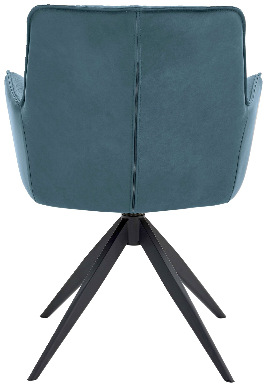 Rückansicht eines modernen Design-Schalensessels mit blauem Bezug und schwarzem Metallgestell.