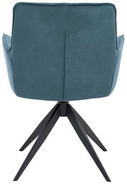 Rückansicht eines modernen Design-Schalensessels mit blauem Bezug und schwarzem Metallgestell.