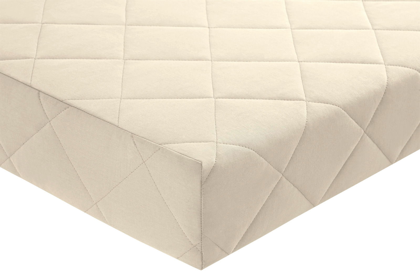 Mehrzonenkaltschaum-Matratze in Nahaufnahme, perspektivisch von der Ecke fotografiert, mit gestepptem Bezug.