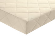 Close-up van een matras met koudschuim in meerdere zones, vanuit de hoek gefotografeerd, met doorgestikte hoes.