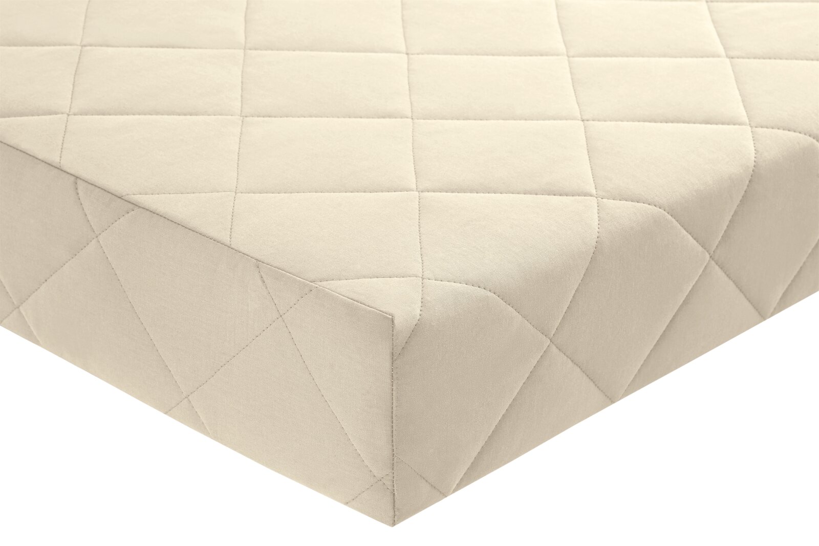 Close-up van een matras met koudschuim in meerdere zones, vanuit de hoek gefotografeerd, met doorgestikte hoes.