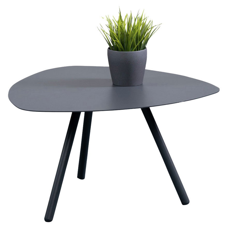 Moderner Beistelltisch XORA MIRA in Dreibein-Design mit grauer Tischplatte und dekorativem Pflanzentopf, seitliche Perspektive