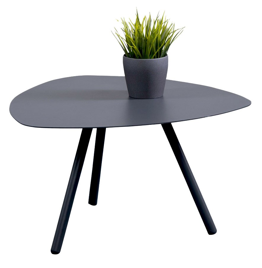 Moderner Beistelltisch XORA MIRA in Dreibein-Design mit grauer Tischplatte und dekorativem Pflanzentopf, seitliche Perspektive