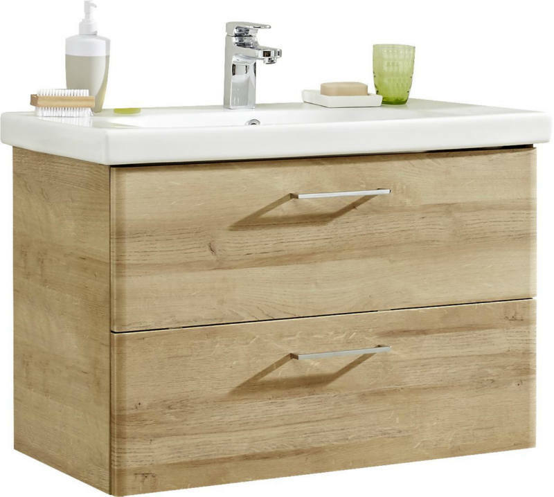 XORA Waschtischlösung PAULA Waschtischlösung mit zwei Schubladen in Holzoptik, frontal betrachtet, mit Waschbecken, Seifenspender und Glas.