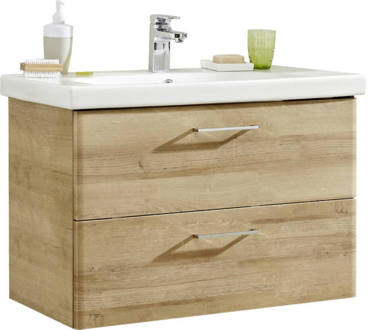 XORA Waschtischlösung PAULA Waschtischlösung mit zwei Schubladen in Holzoptik, frontal betrachtet, mit Waschbecken, Seifenspender und Glas.