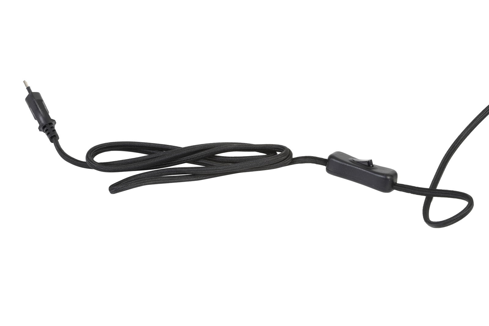 Schwarzes Netzkabel mit Kippschalter, seitliche Perspektive