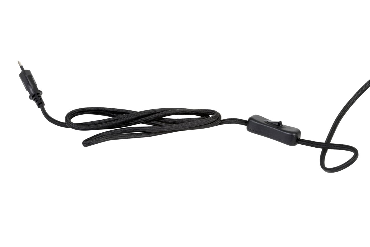 Schwarzes Netzkabel mit Kippschalter, seitliche Perspektive