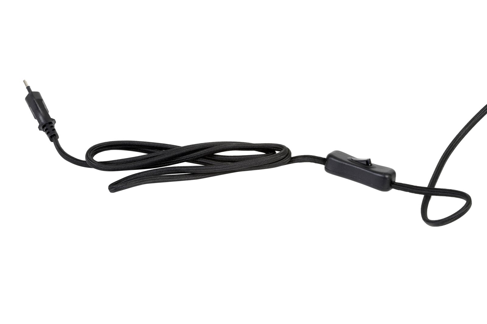 Schwarzes Netzkabel mit Kippschalter, seitliche Perspektive