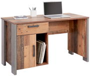 Moderner Schreibtisch aus Holz mit Metallakzenten, ausgestattet mit einer Schublade und einem offenen Fach, seitliche Perspektive.