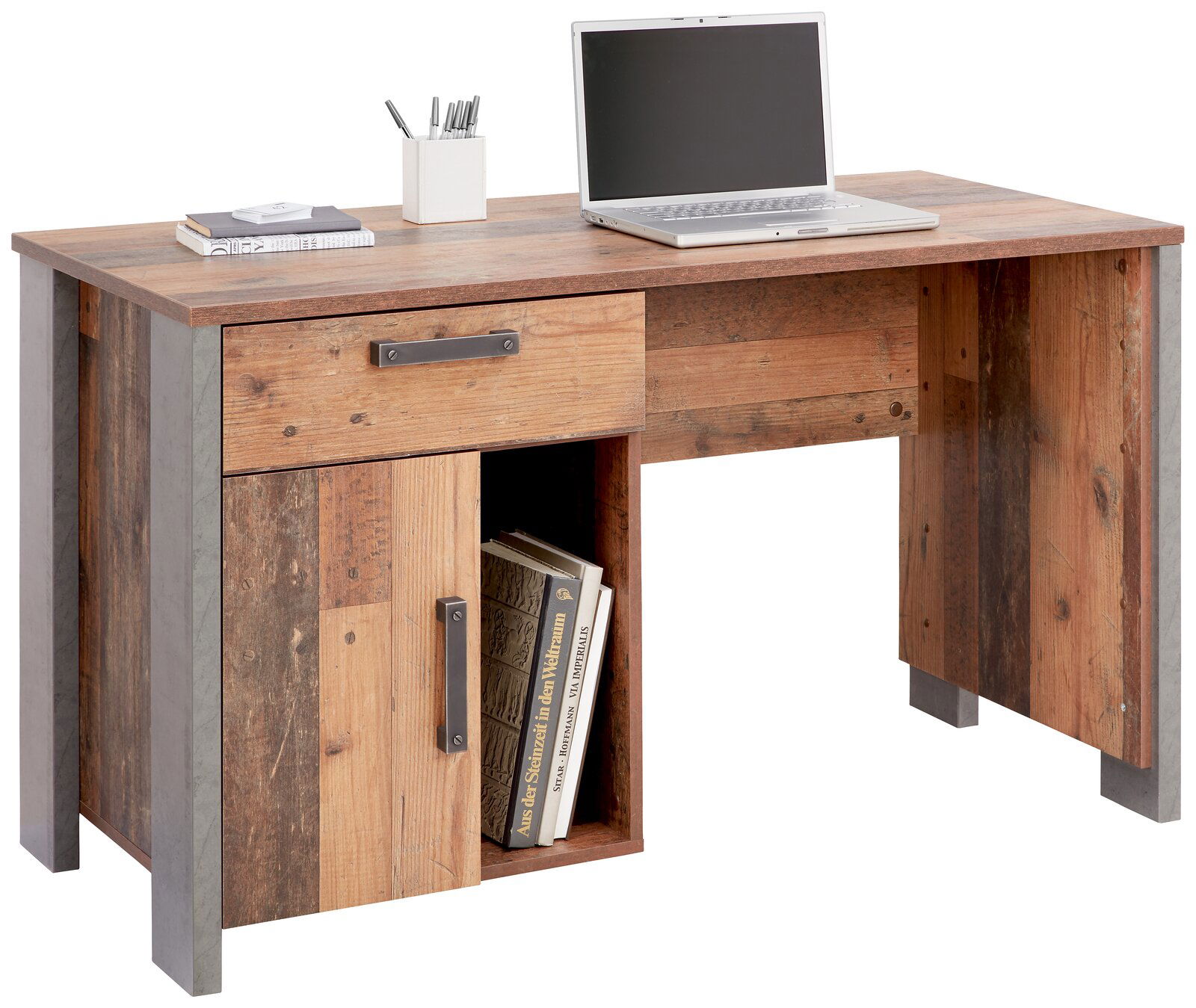 Moderner Schreibtisch aus Holz mit Metallakzenten, ausgestattet mit einer Schublade und einem offenen Fach, seitliche Perspektive.