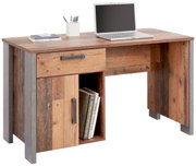 Moderner Schreibtisch aus Holz mit Metallakzenten, ausgestattet mit einer Schublade und einem offenen Fach, seitliche Perspektive.