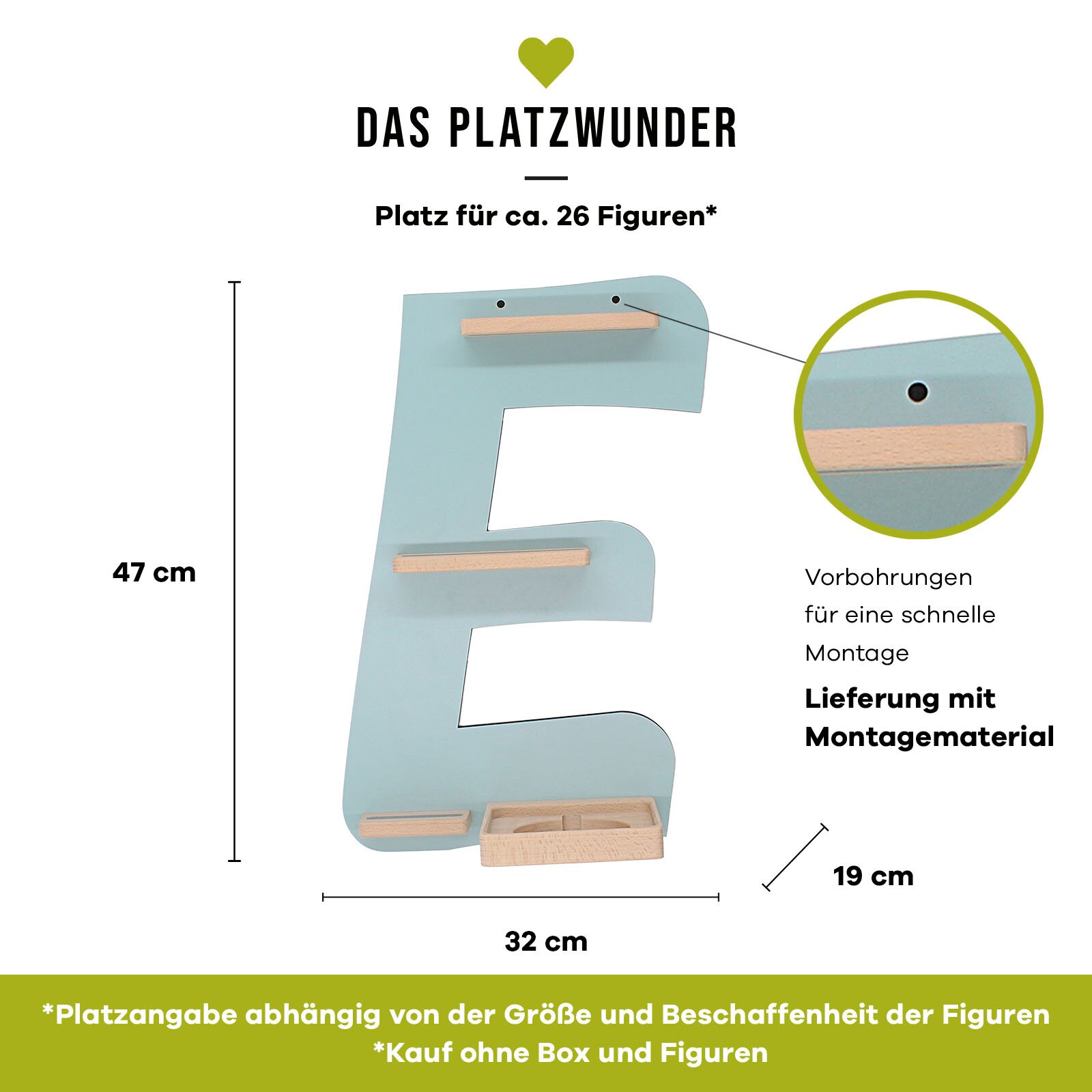 Türkises, wandmontierbares Figurenregal in Form eines großen Buchstabens E mit Holzleisten und Ablage, ca. 47 cm hoch und 32 cm breit (Tiefe ca. 19 cm), mit Vorbohrungen und Montagematerial – frontal dargestellt