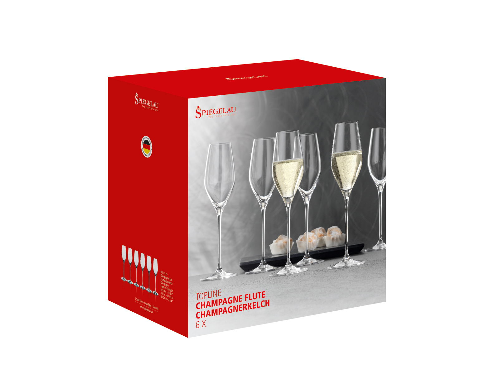 Nachtmann Champagnerkelch TOPLINE Verpackung mit sechs eleganten Champagnerkelchen der Serie Topline, seitliche Perspektive