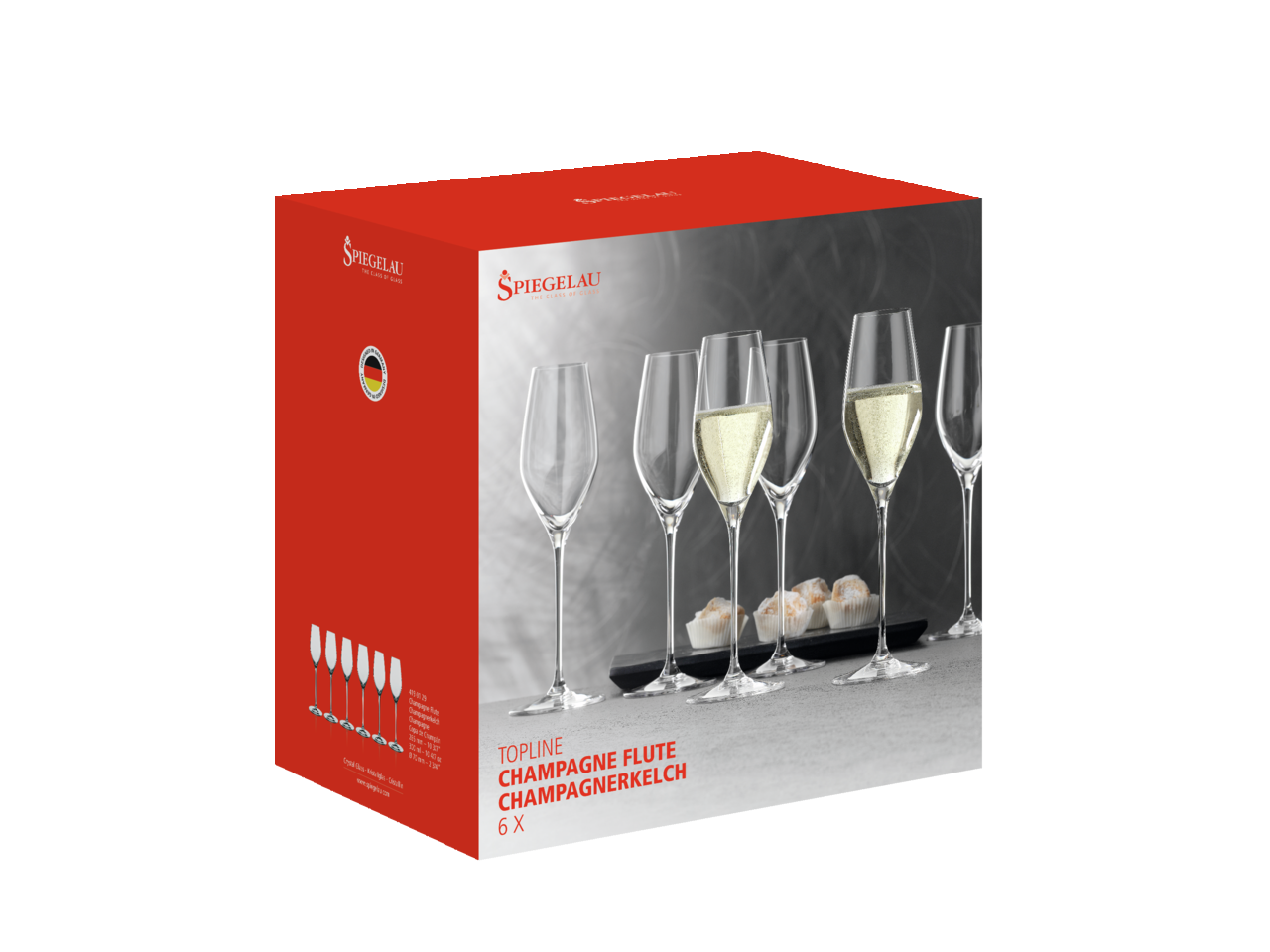 Verpackung mit sechs eleganten Champagnerkelchen der Serie Topline, seitliche Perspektive