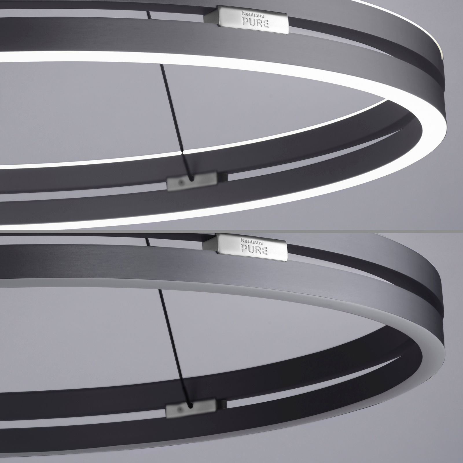 Moderne Pendelleuchte PURE-E-LOOP von Paul Neuhaus in seitlicher Perspektive, mit elegantem, ringförmigem Design und integrierter LED-Beleuchtung.