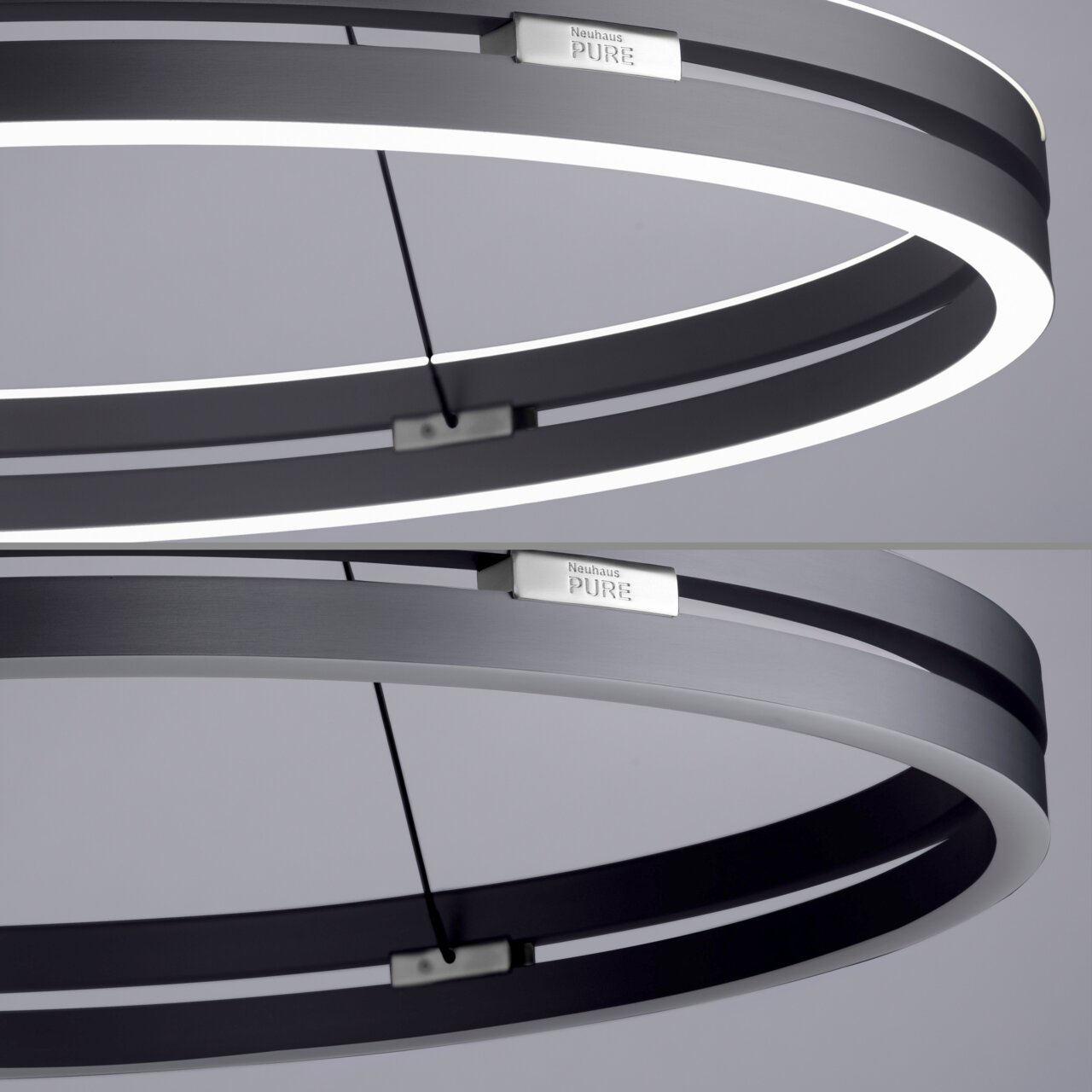 Moderne Pendelleuchte PURE-E-LOOP von Paul Neuhaus in seitlicher Perspektive, mit elegantem, ringförmigem Design und integrierter LED-Beleuchtung.