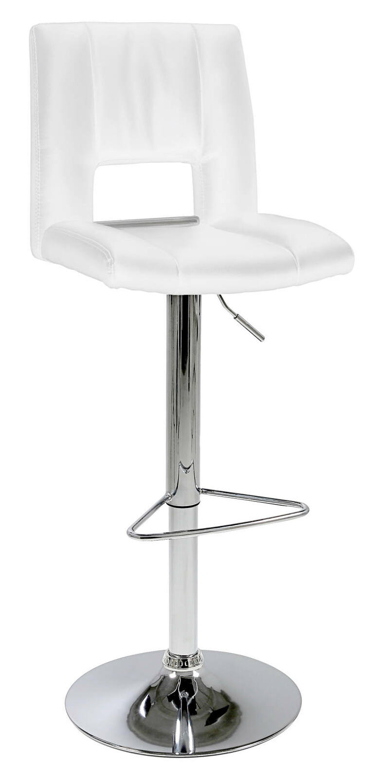Moderner weißer Barhocker mit verchromtem Gestell, seitliche Perspektive