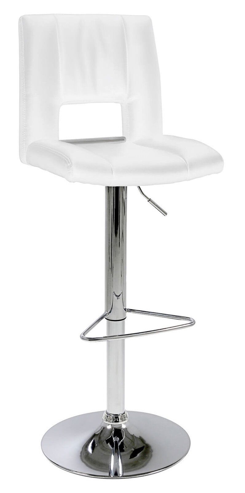Moderner weißer Barhocker mit verchromtem Gestell, seitliche Perspektive