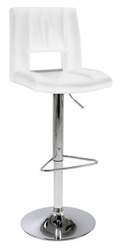 Moderner weißer Barhocker mit verchromtem Gestell, seitliche Perspektive