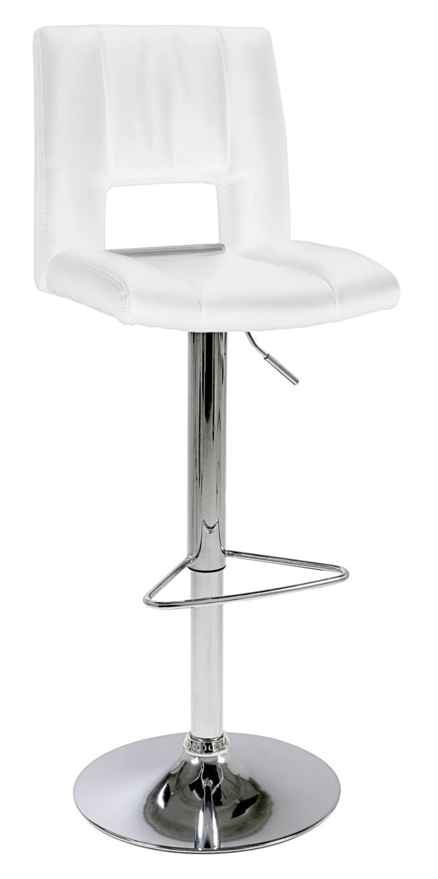 Moderner weißer Barhocker mit verchromtem Gestell, seitliche Perspektive